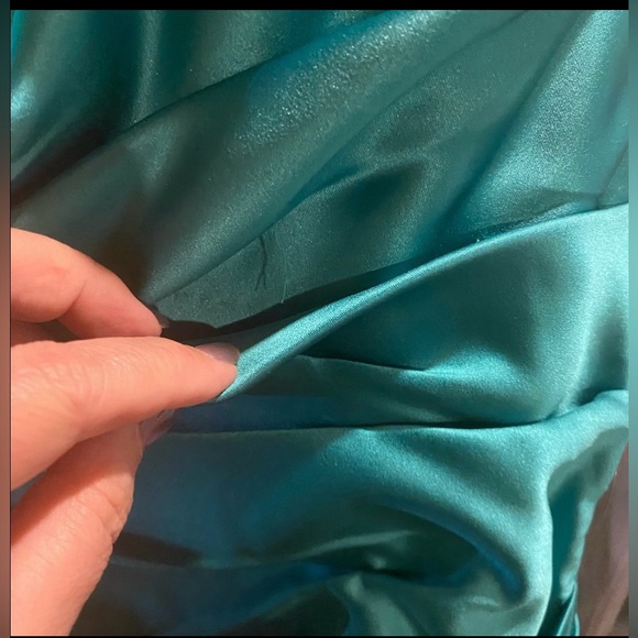 Beautifully Modest teal satin lace-up gown - Picture 7 of 8